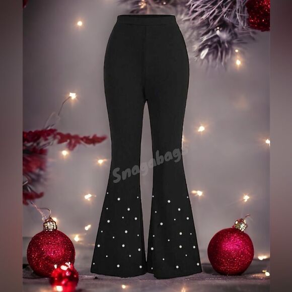 SHEIN NEW PRIVE PEARLS BEADED FLARE PEG PANTS BLACK  LARGE 8-10 - Picture 1 of 6